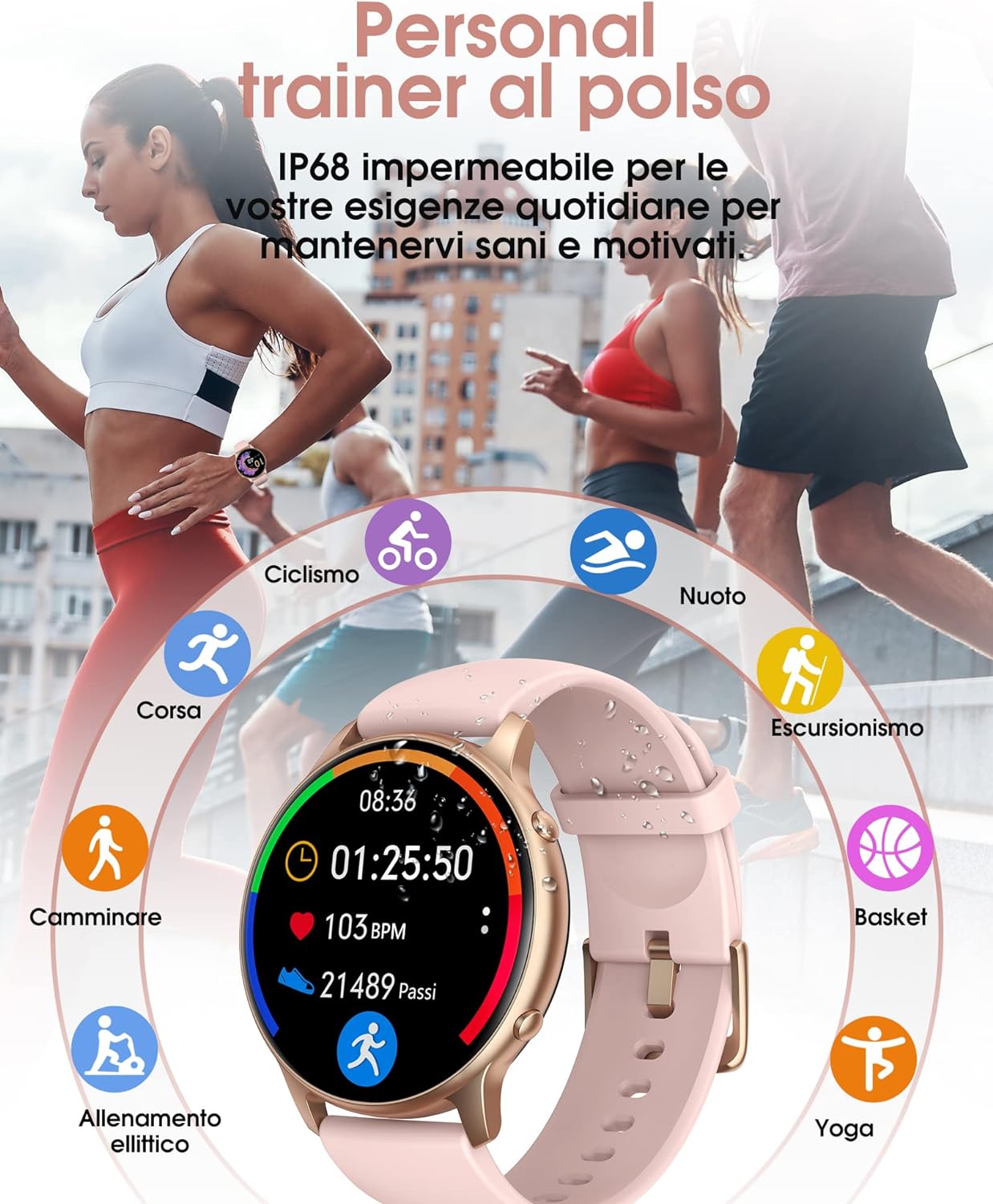 TUYOMA Smartwatch Donna, 1,3" Schermo Tattile Orologio Smart Watch, IP68 Impermeabile, con Cardiofrequenzimetro Da Polso, Ossimetro, Monitor Sonno, Notifiche Messaggi, per Android iPhone