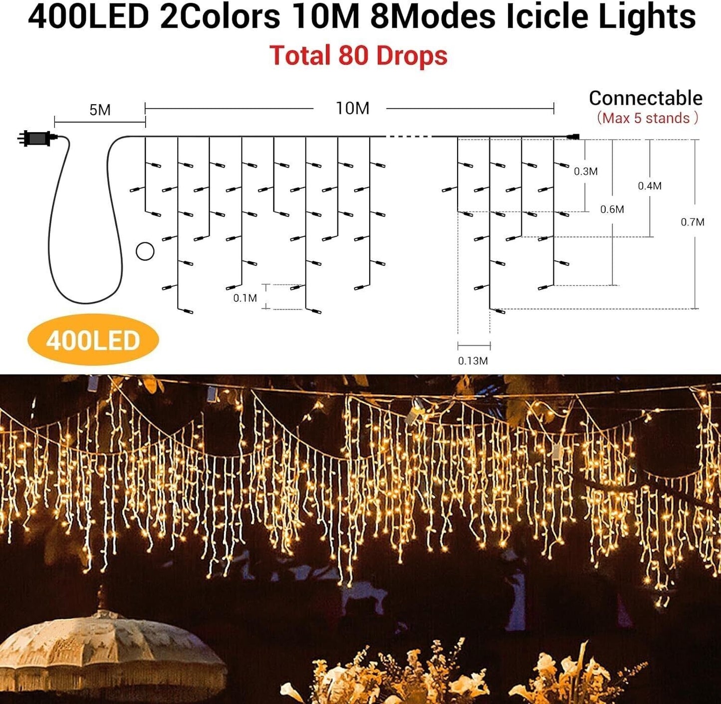 Luci Natale Esterno Cascata, Luci di Natale da Esterno, 10M 400LED 8 Modalità