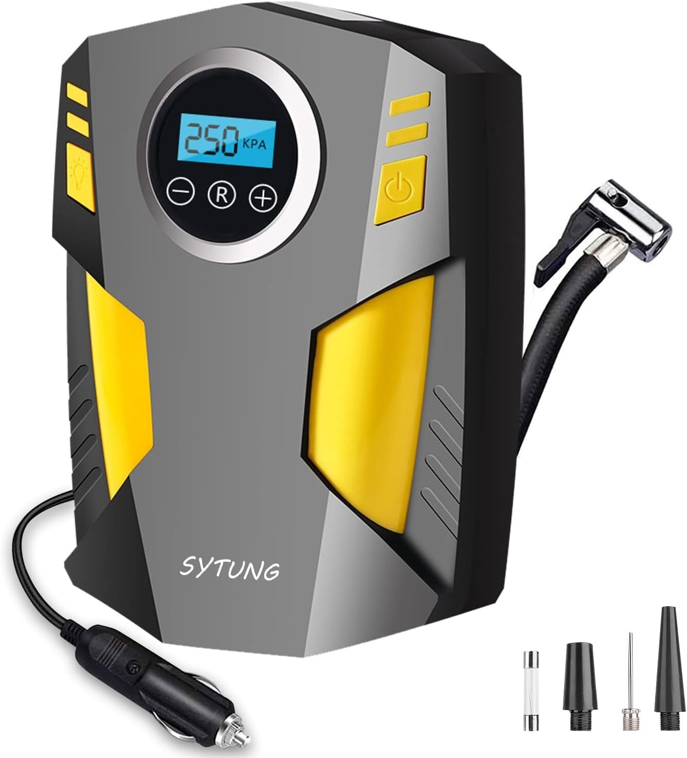 SYTUNG Compressore Aria Portatile Auto Con 3 Adattatori per Ugelli e Luci LED