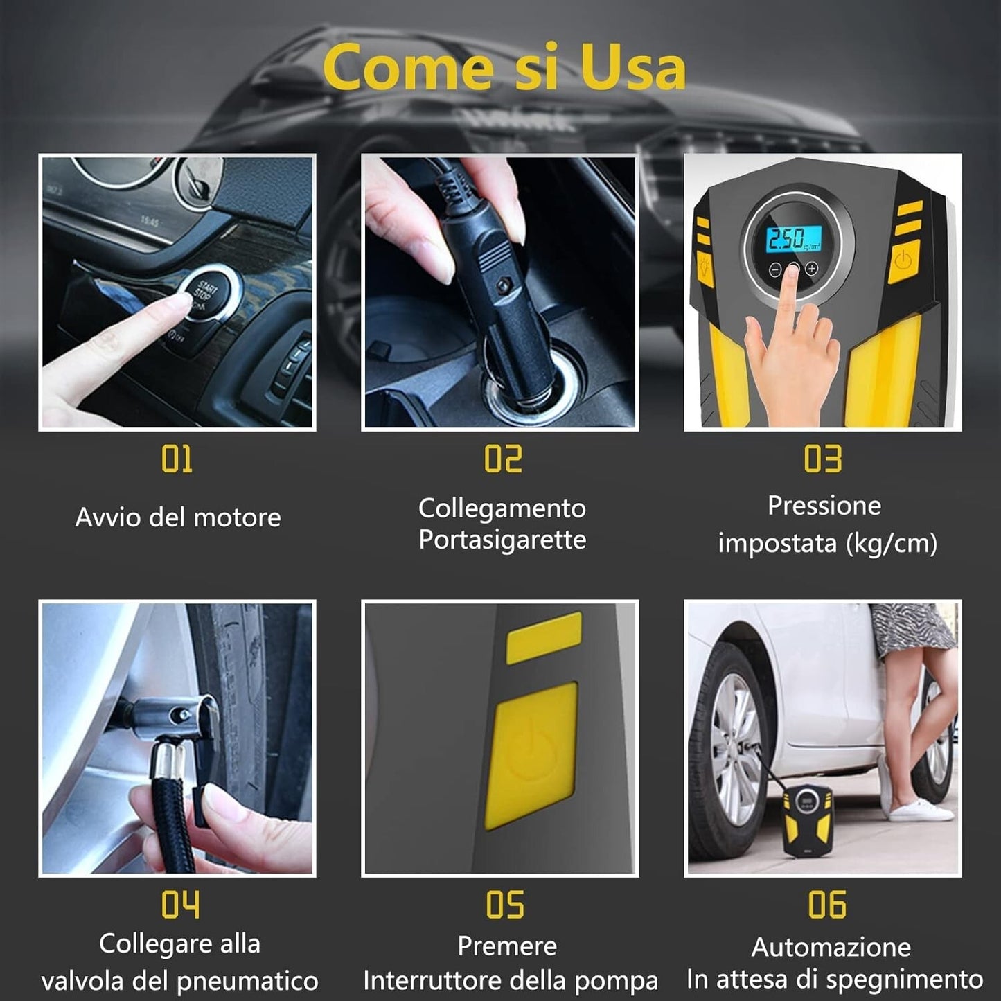 SYTUNG Compressore Aria Portatile Auto Con 3 Adattatori per Ugelli e Luci LED