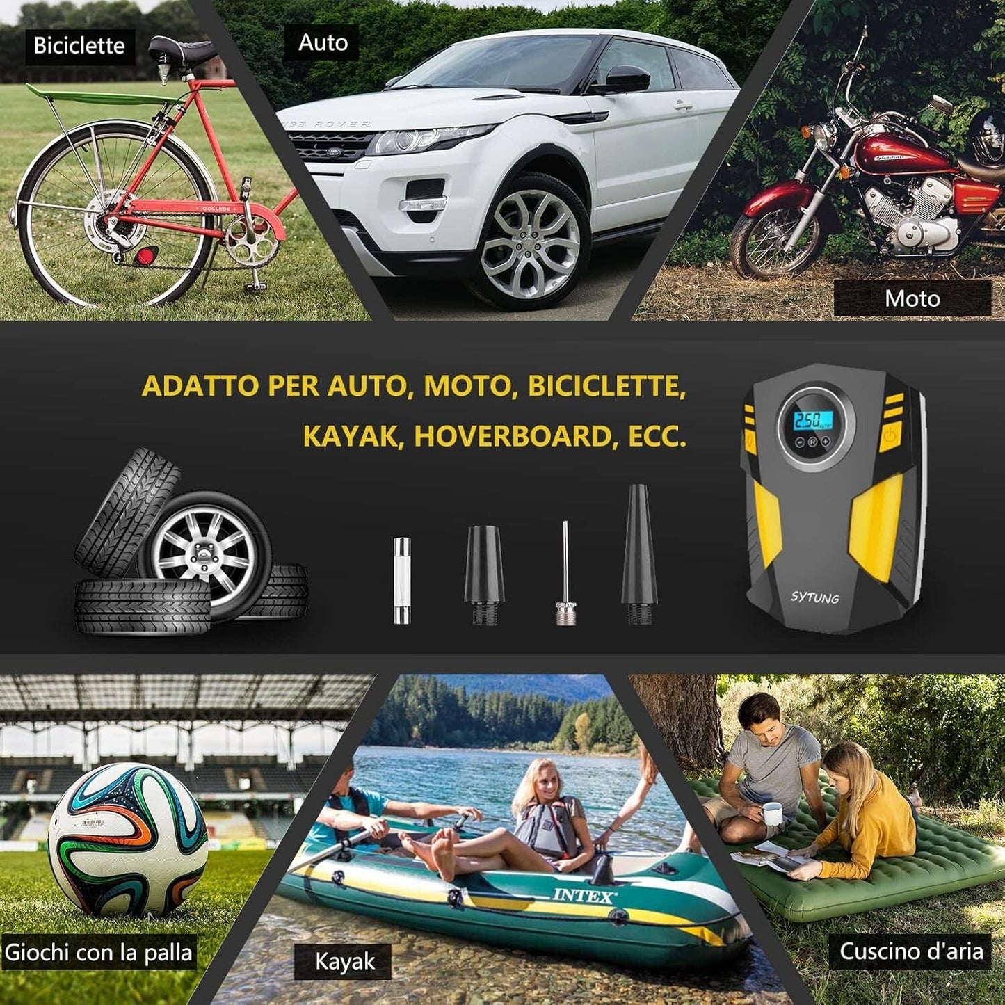 SYTUNG Compressore Aria Portatile Auto Con 3 Adattatori per Ugelli e Luci LED
