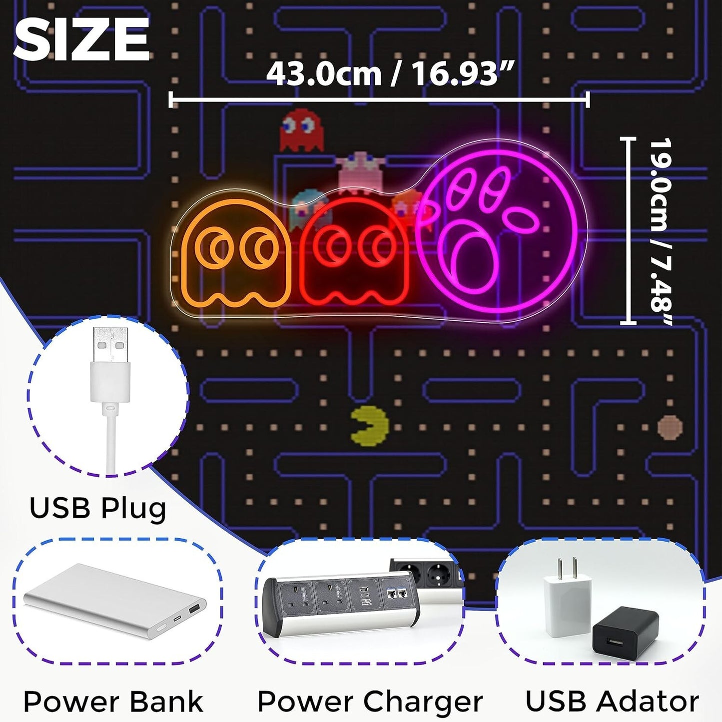 Insegna al neon per giochi Pac-man luci al neon LED fantasma insegna retrò arcad