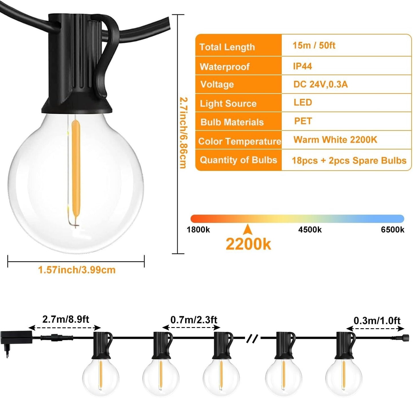 Catena luminosa per esterni,impermeabili da 15 m / 50 piedi con 18 + 2 lampadine