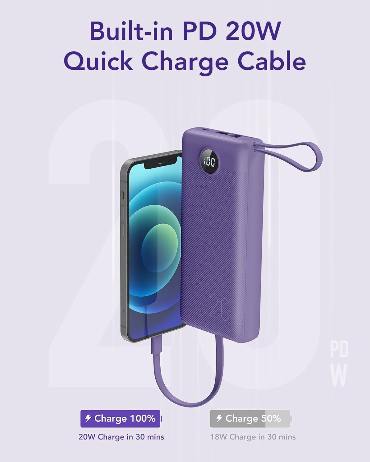 Power bank con Cavi Incorporati 20000mAh, PowerBank USB C a Ricarica Rapid VRURC