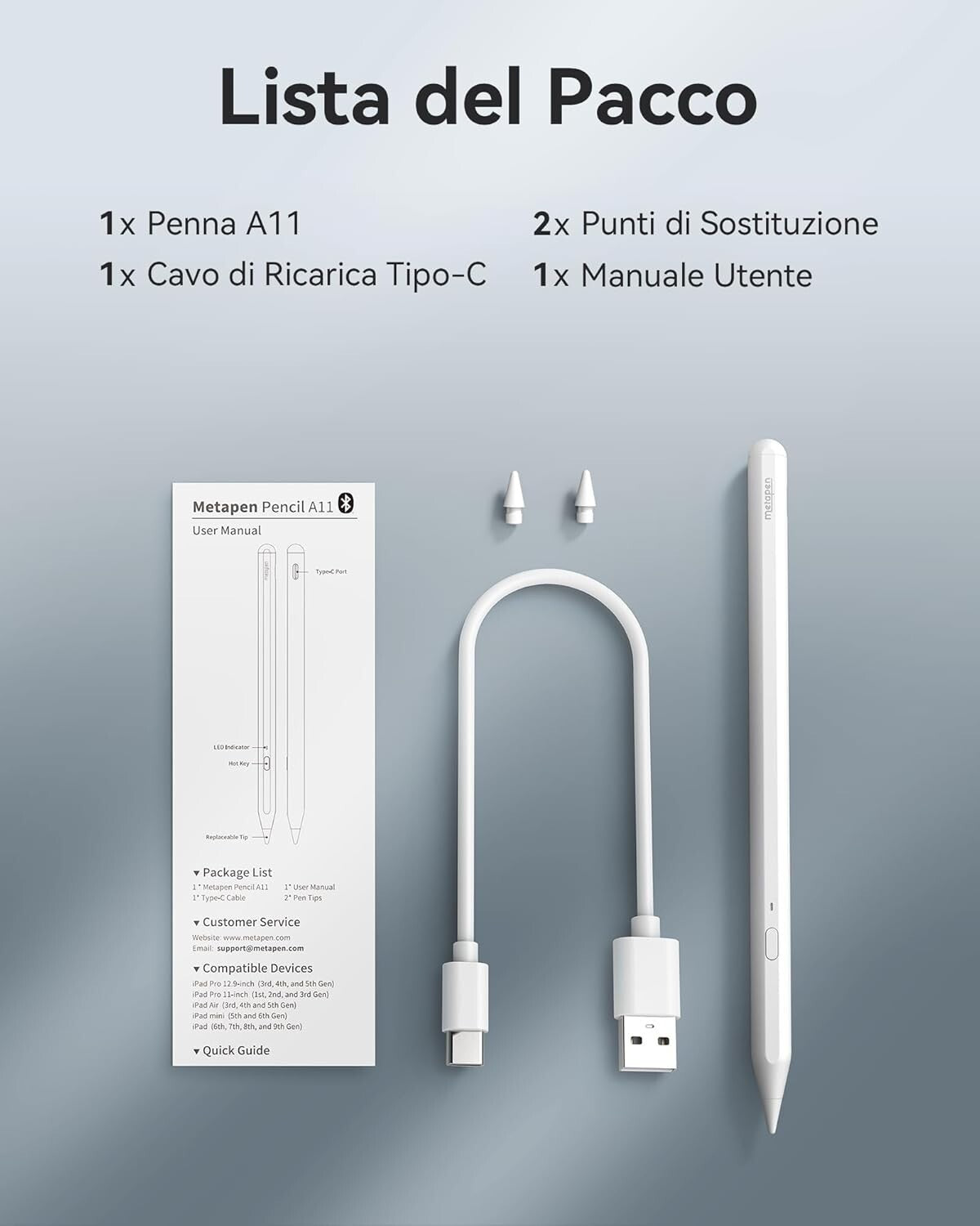 Metapen Penna A11 per Apple iPad 2018-2025 Pencil per ipad Compatibile con iPad