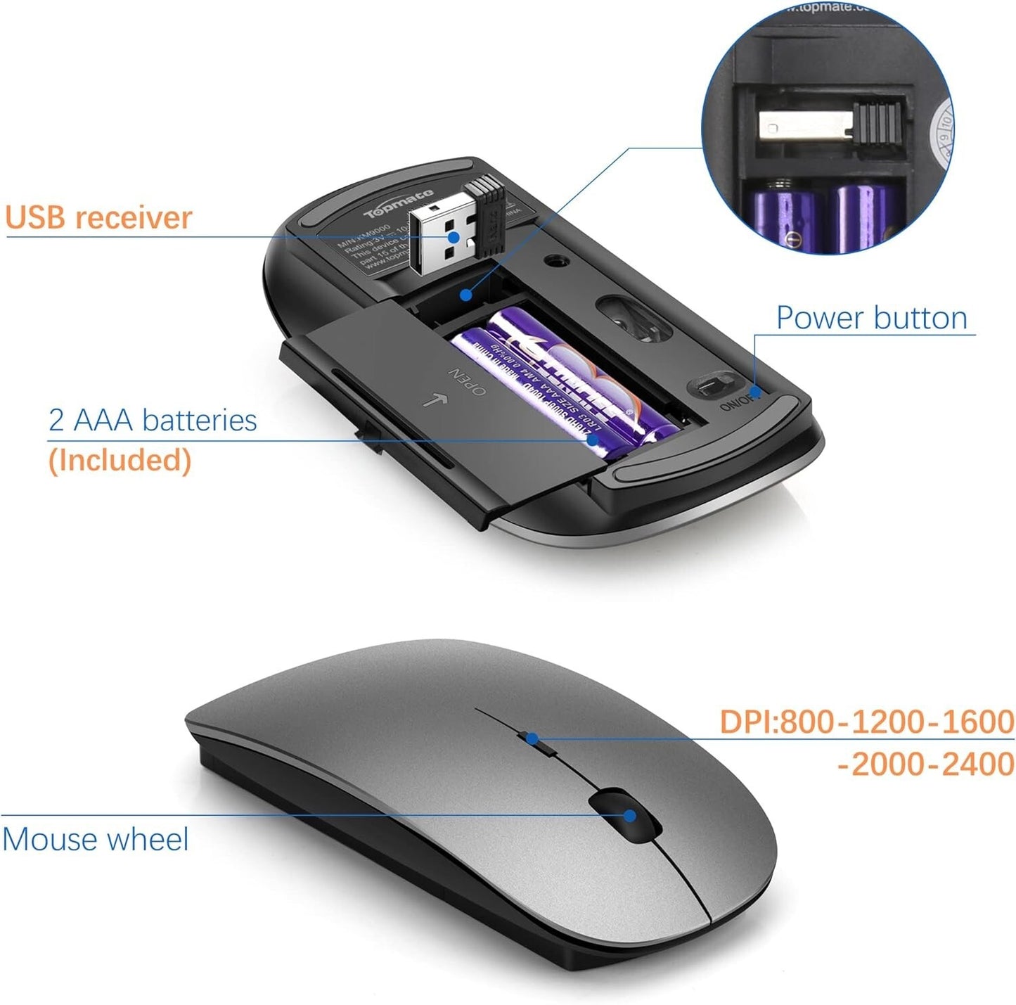 TopMate,Tastiera e mouse wireless ultra sottile, 2.4G Silent Compact USB 2400DPI