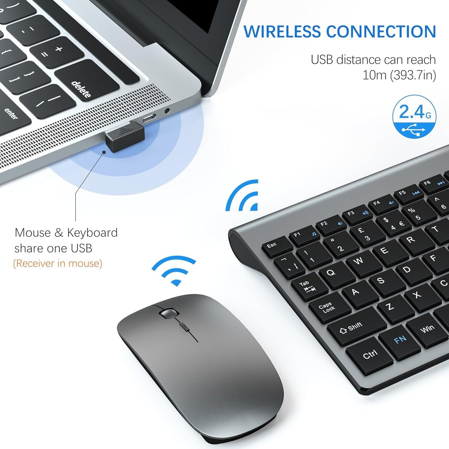 TopMate,Tastiera e mouse wireless ultra sottile, 2.4G Silent Compact USB 2400DPI