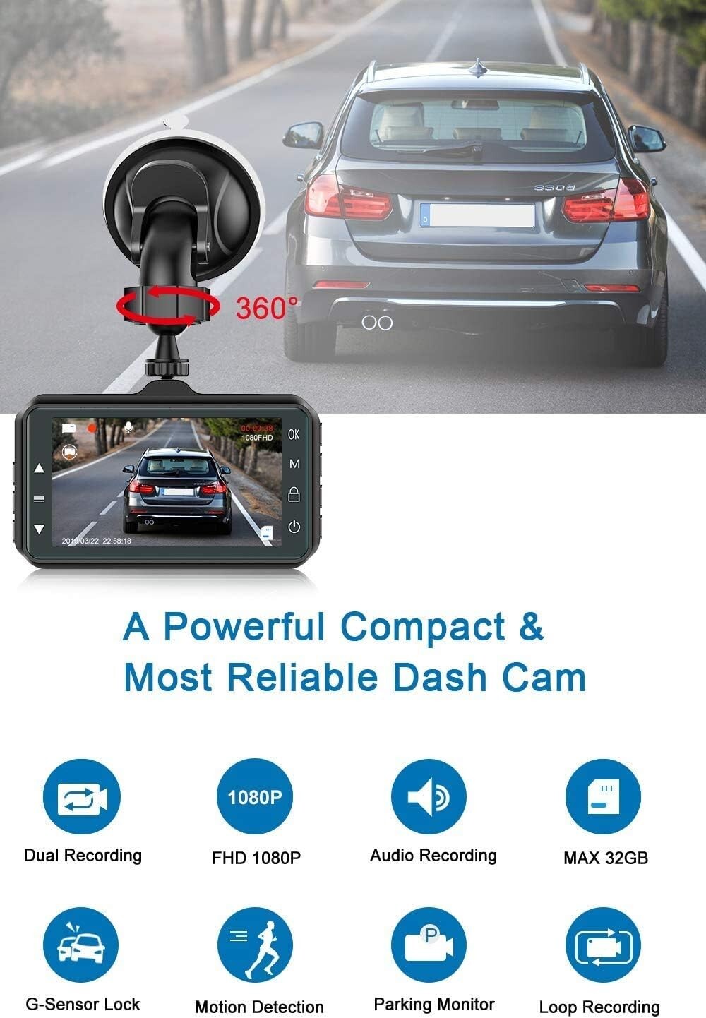Telecamera Dash Cam Auto FHD 1080P 3 Pollici 170° Angolo Ripresa Posteriore