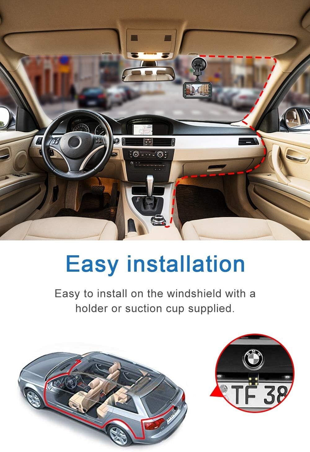 Telecamera Dash Cam Auto FHD 1080P 3 Pollici 170° Angolo Ripresa Posteriore