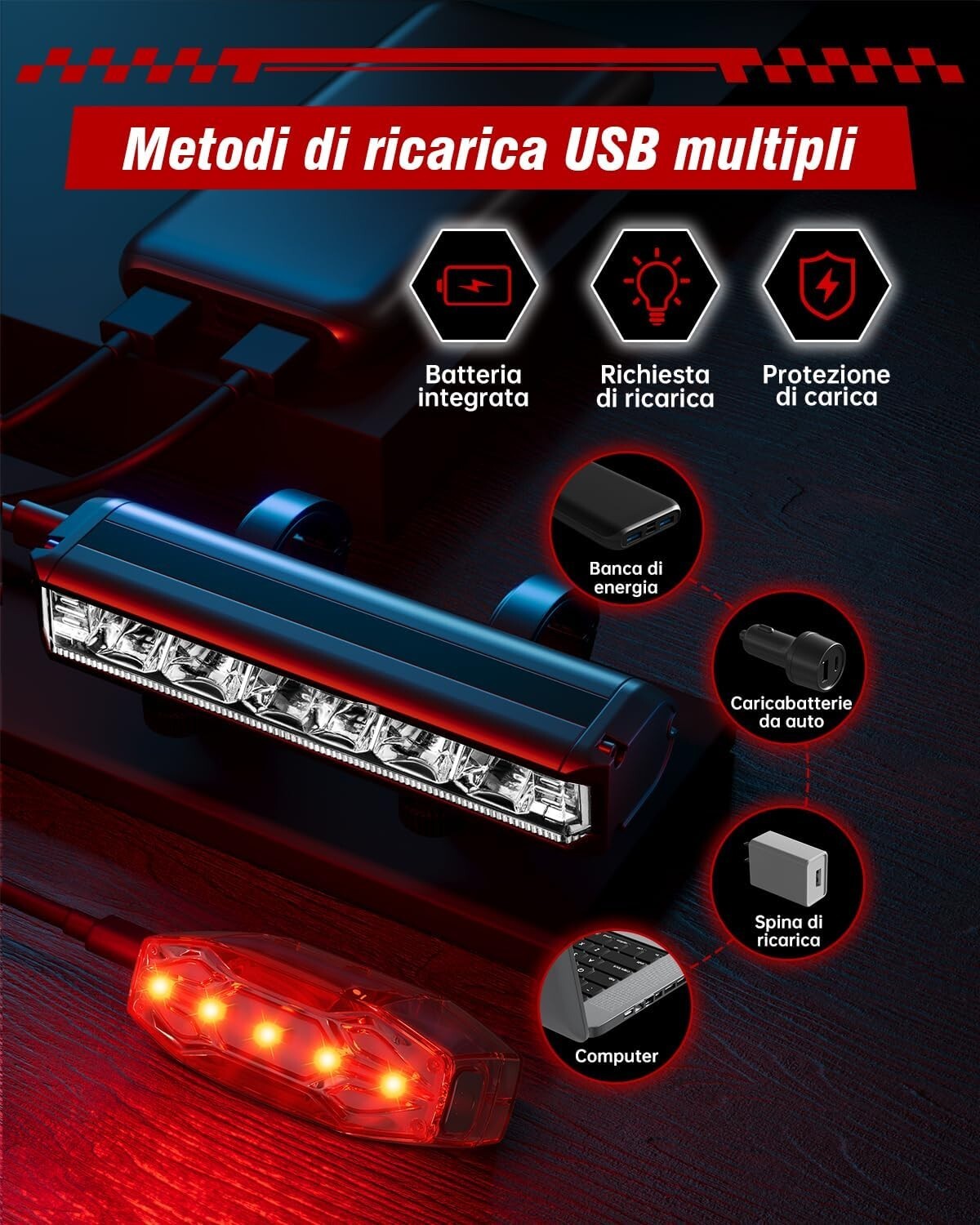 Luci Bicicletta LED Accessori Luce Bici Ricaricabili USB Anteriore Posteriore