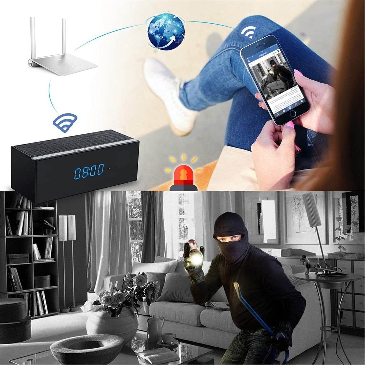 Telecamera Spia Altoparlante sveglia Audio Bluetooth Wifi, Grandangolo 140 °