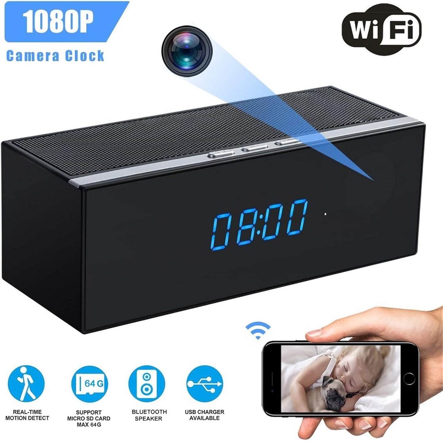 Telecamera Spia Altoparlante sveglia Audio Bluetooth Wifi, Grandangolo 140 °