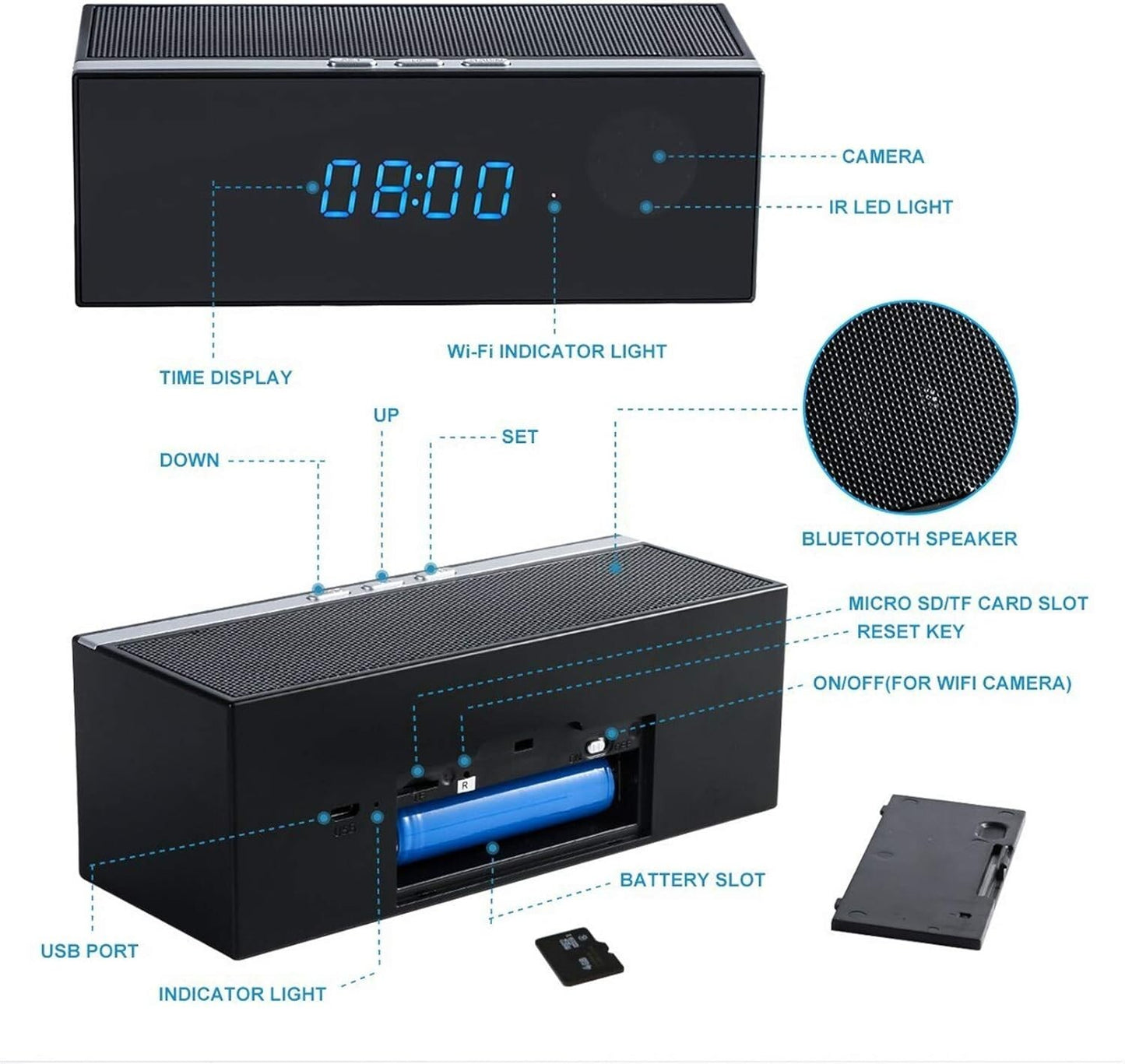 Telecamera Spia Altoparlante sveglia Audio Bluetooth Wifi, Grandangolo 140 °
