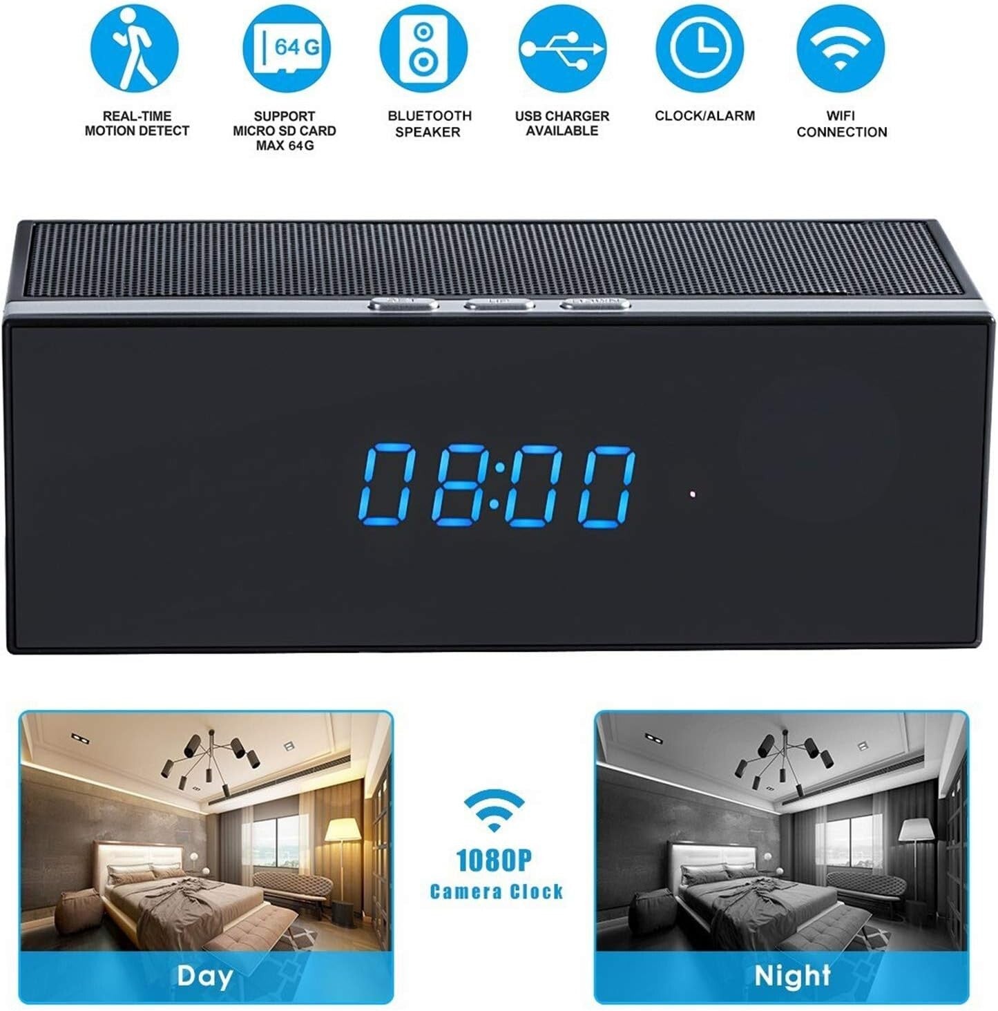 Telecamera Spia Altoparlante sveglia Audio Bluetooth Wifi, Grandangolo 140 °
