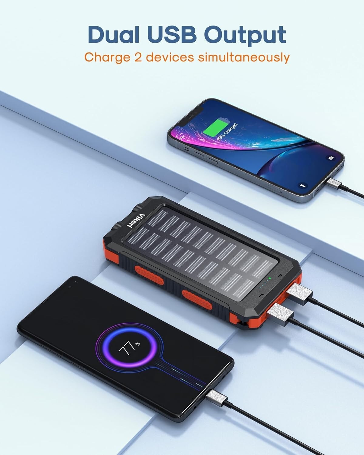 Power Bank Solare 30000mAh, 2 porte di uscita USB e ingresso micro USB