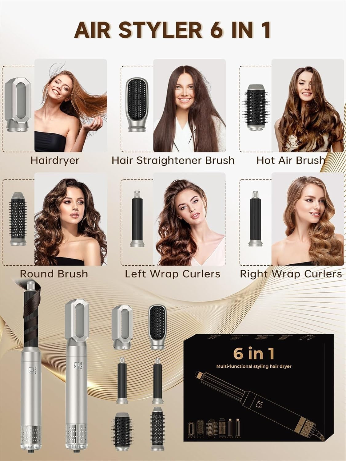 Styler per Capelli 6 in 1 Set di Styler per Capelli Airstyler con Ferro Arriccia