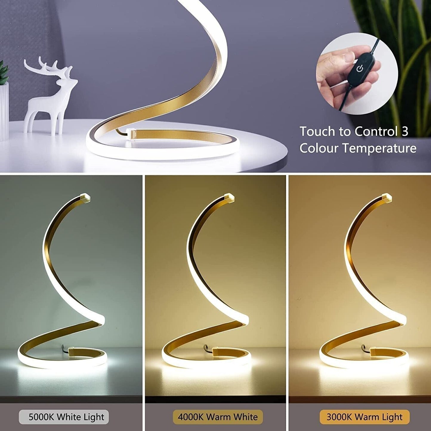 SENFAY Lampada da tavolo a LED a spirale, lampada da comodino moderna