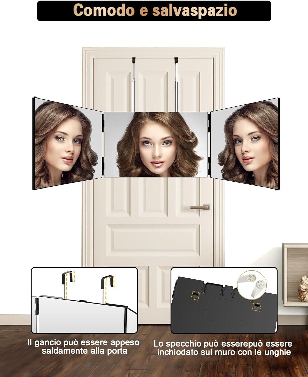 JUSRON Specchio Trucco a 3 Vie, Portatile Specchio a 360 Gradi Capelli, Specchio