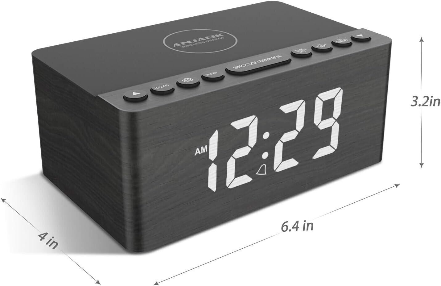 Sveglia in Legno da Comodino con Radio FM,Stazione di ricarica Wireless Veloce