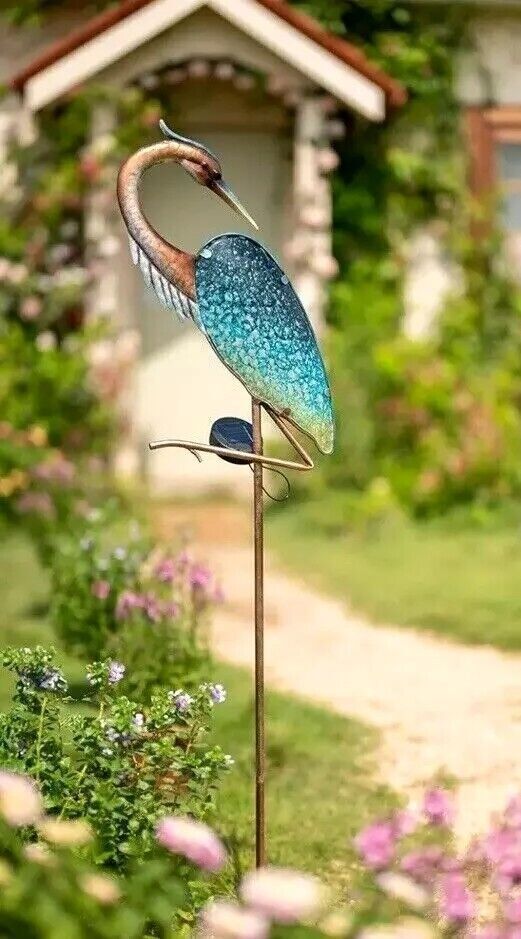 Airone blu in metallo, Statua da giardino, Luci solari da giardino, Gru in piedi