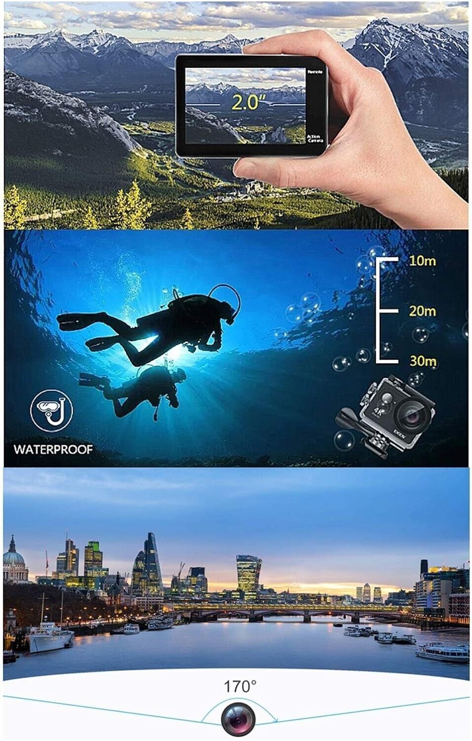 Macchina Fotografica Action Ultra HD 4K 30fps WiFi 2.0" Impermeabile Subacquea