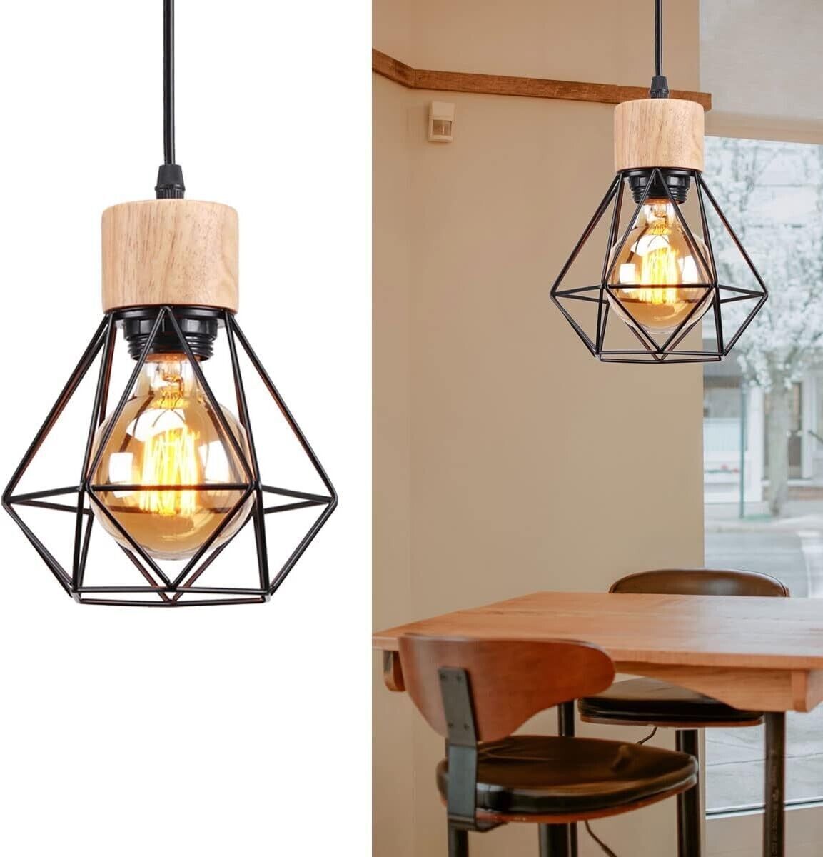 Lampada a Sospensione E27 Industriale Plafoniera Retro in Metallo e Legno Ø160mm