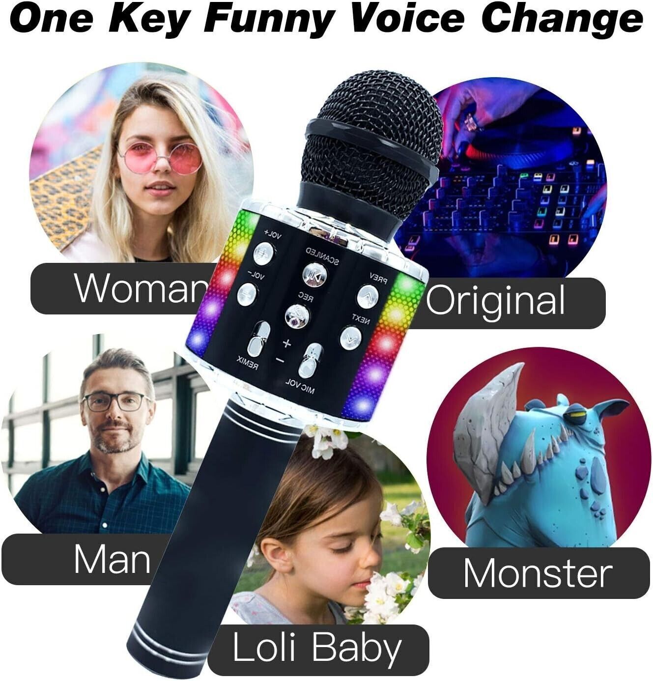 Microfono per karaoke wireless Bluetooth 4 in 1 con luci a LED, microfono