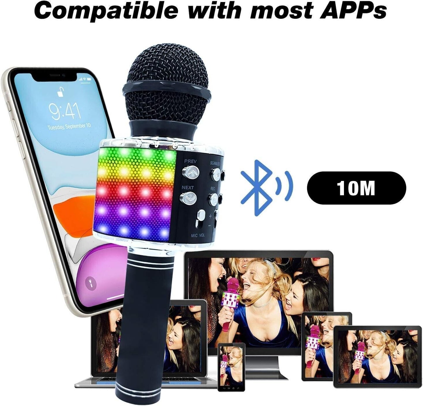 Microfono per karaoke wireless Bluetooth 4 in 1 con luci a LED, microfono