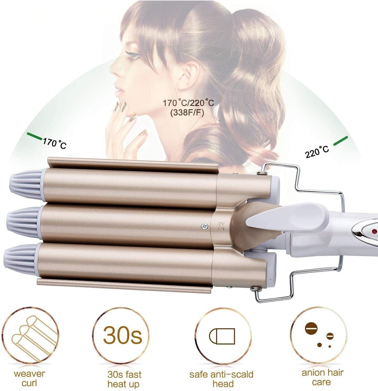 Bacchetta arricciacapelli per capelli con ferro arricciacapelli a 3 a 3 fusti riscaldante in ceramica pro tormalina