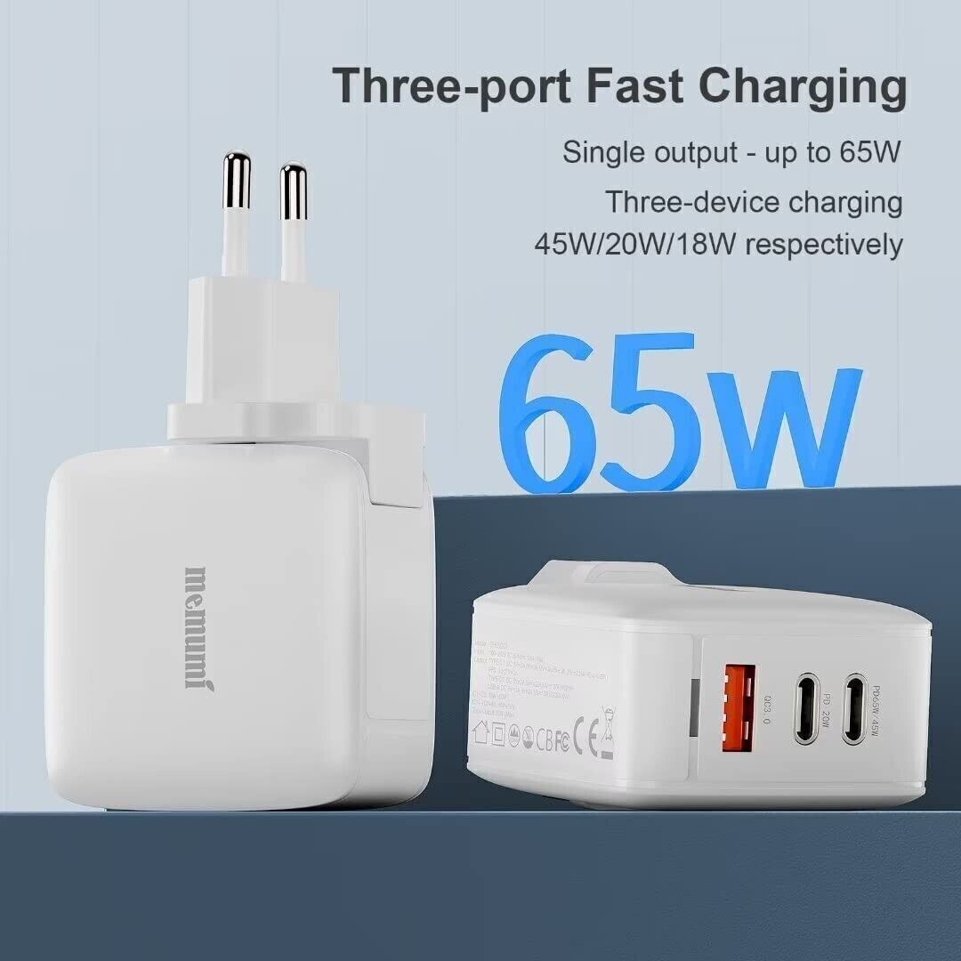 Caricatore memumi 65W USB C & USB A, 3 Porte Alimentatore per MacBook