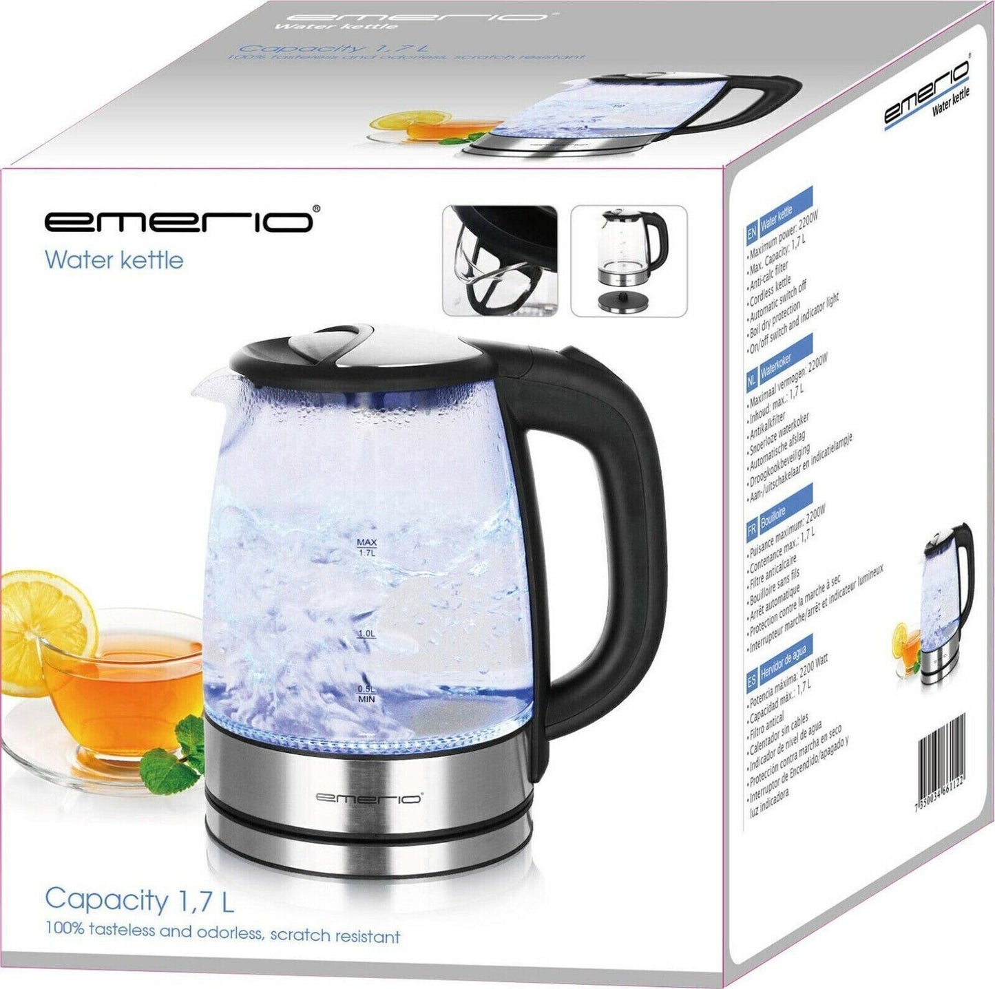 EMERIO Bollitore senza fili, senza BPA, in acciaio INOX, 2200 W, 230 V, Nero