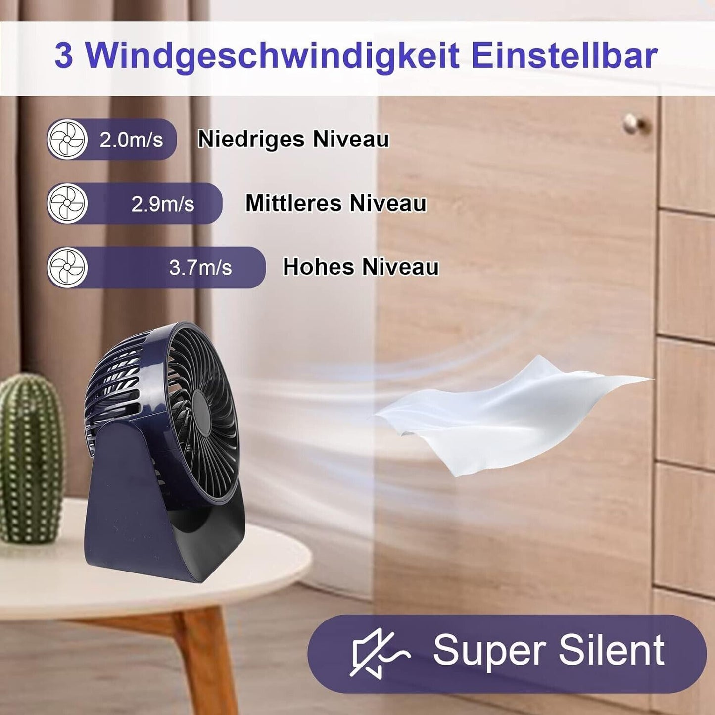 Ventilatore da tavolo USB con vento forte regolabile a 3 velocità