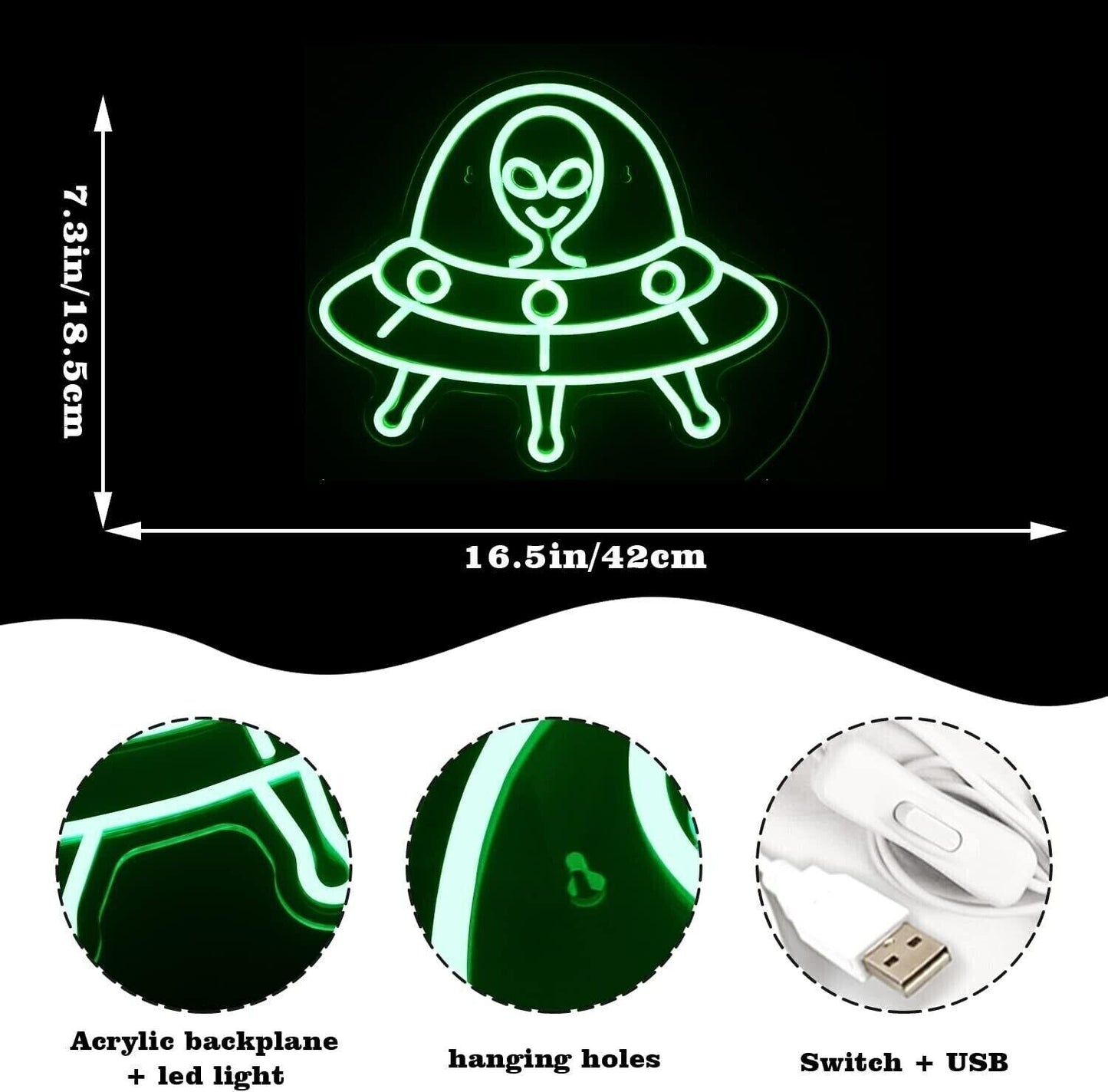 Insegna al neon aliena, insegne al neon verdi, navicella spaziale al neon a LED