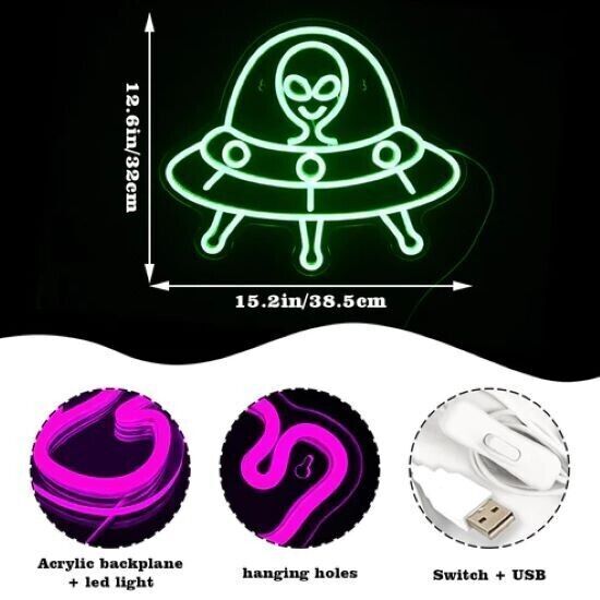 Insegna al neon aliena, insegne al neon verdi, navicella spaziale al neon a LED