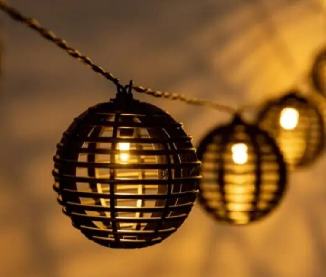 Luci solari da giardino nere con 10 lanterne in corda di canapa naturale