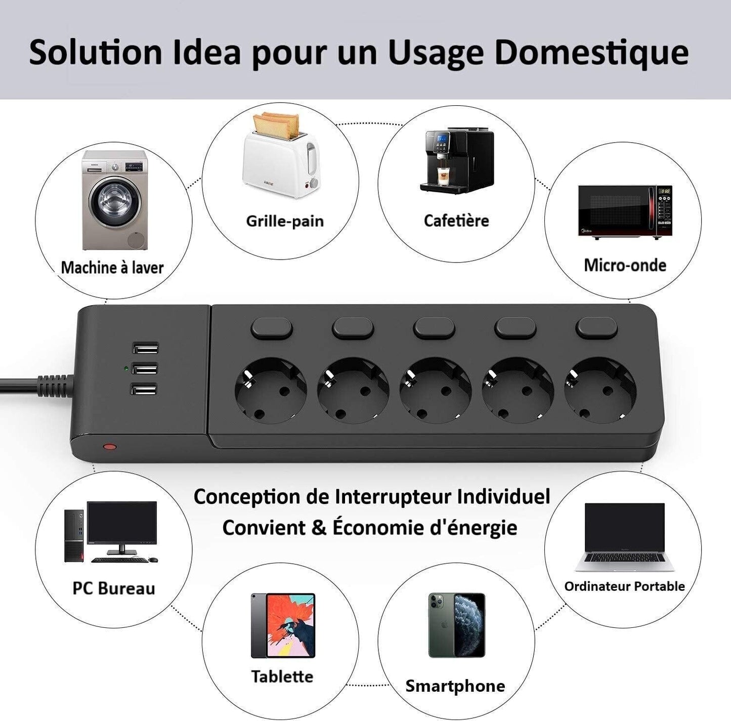 MiiKare Ciabatta elettrica con 5 prese, interruttore singolo, 3 porte USB