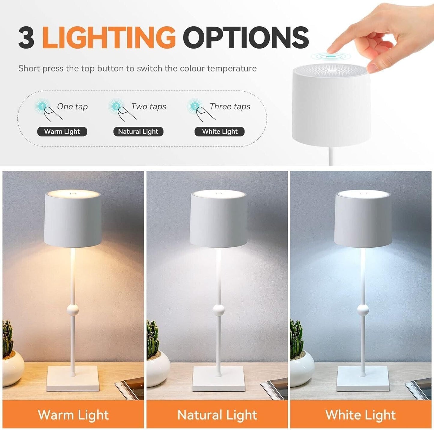 Lampada da tavolo a LED, batteria ricaricabile da 5200 mAh, 3 colori dimmerabile