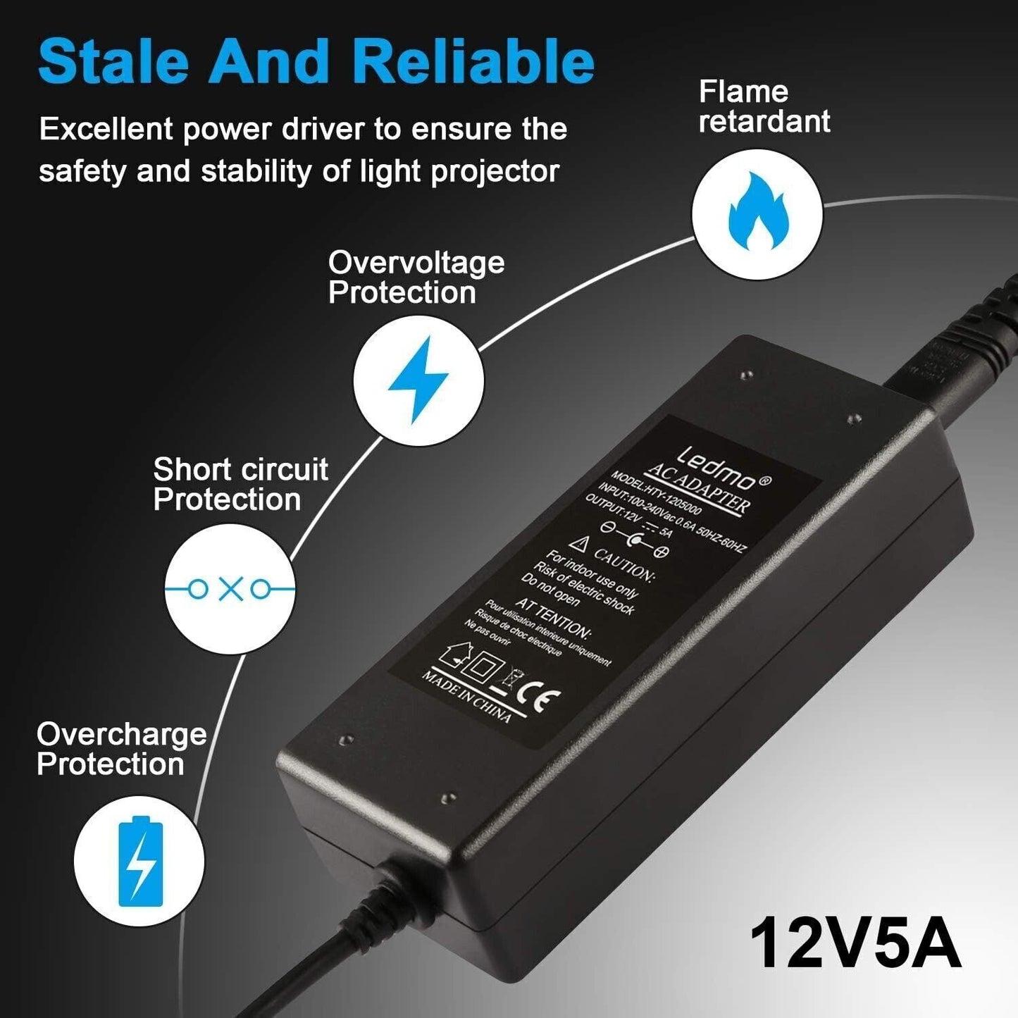 Alimentatore Trasformatore 60W 12V per Notebook, Striscia LED, Schermo TFT-LCD