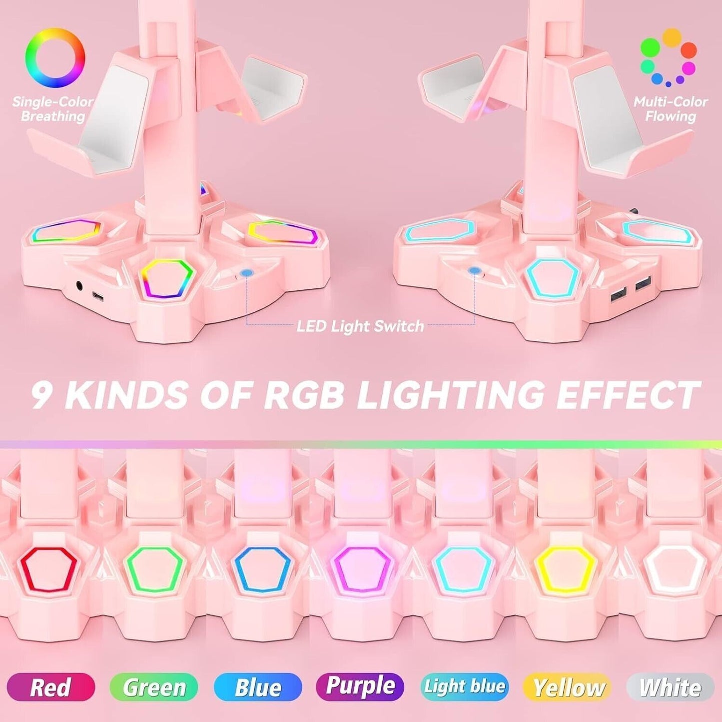 Supporto per cuffie e joypad KDD RGB con 9 modalità di illuminazione, Rosa