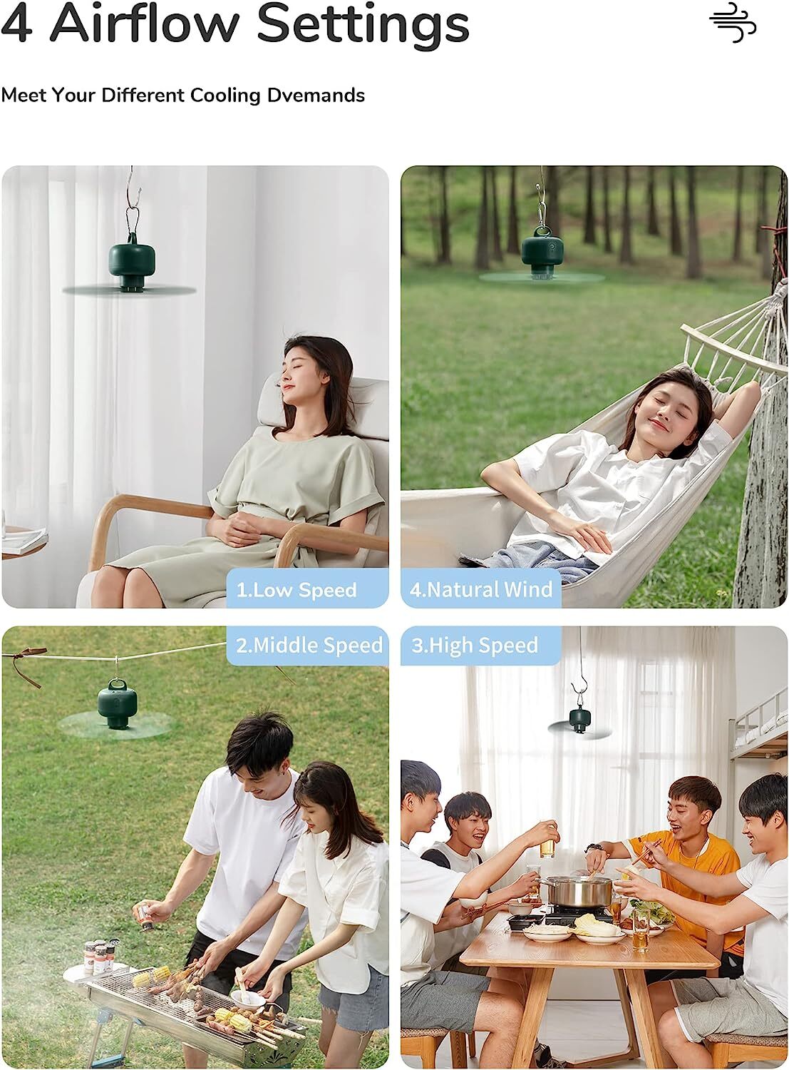 JISULIFE Ventilatore da campeggio 8000mAh Funzionamento a batteria, ricaricabile