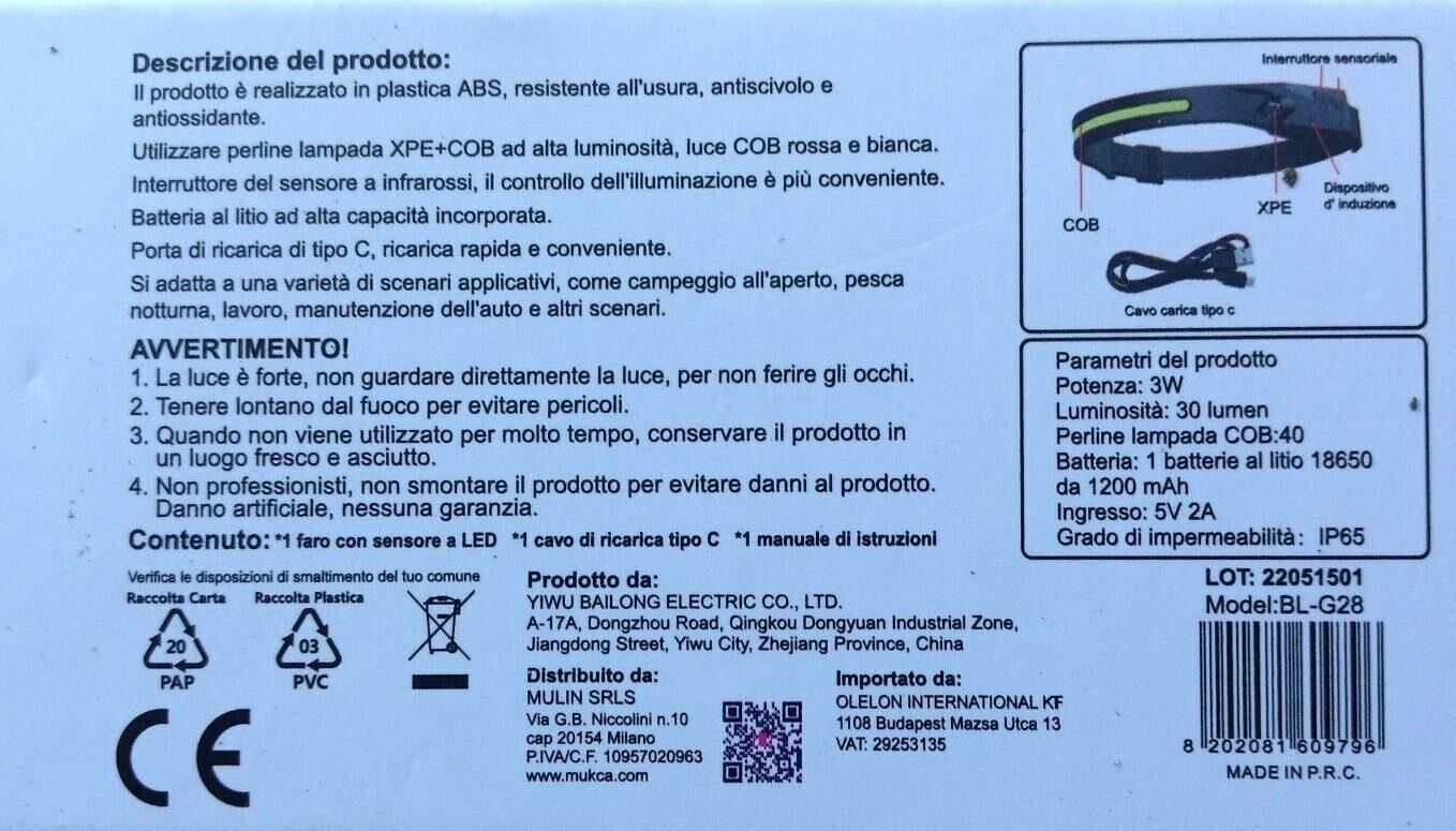 Lampada Frontale Led Con Sensore Torcia Da Testa Per Bicicletta Ed Escursionismo