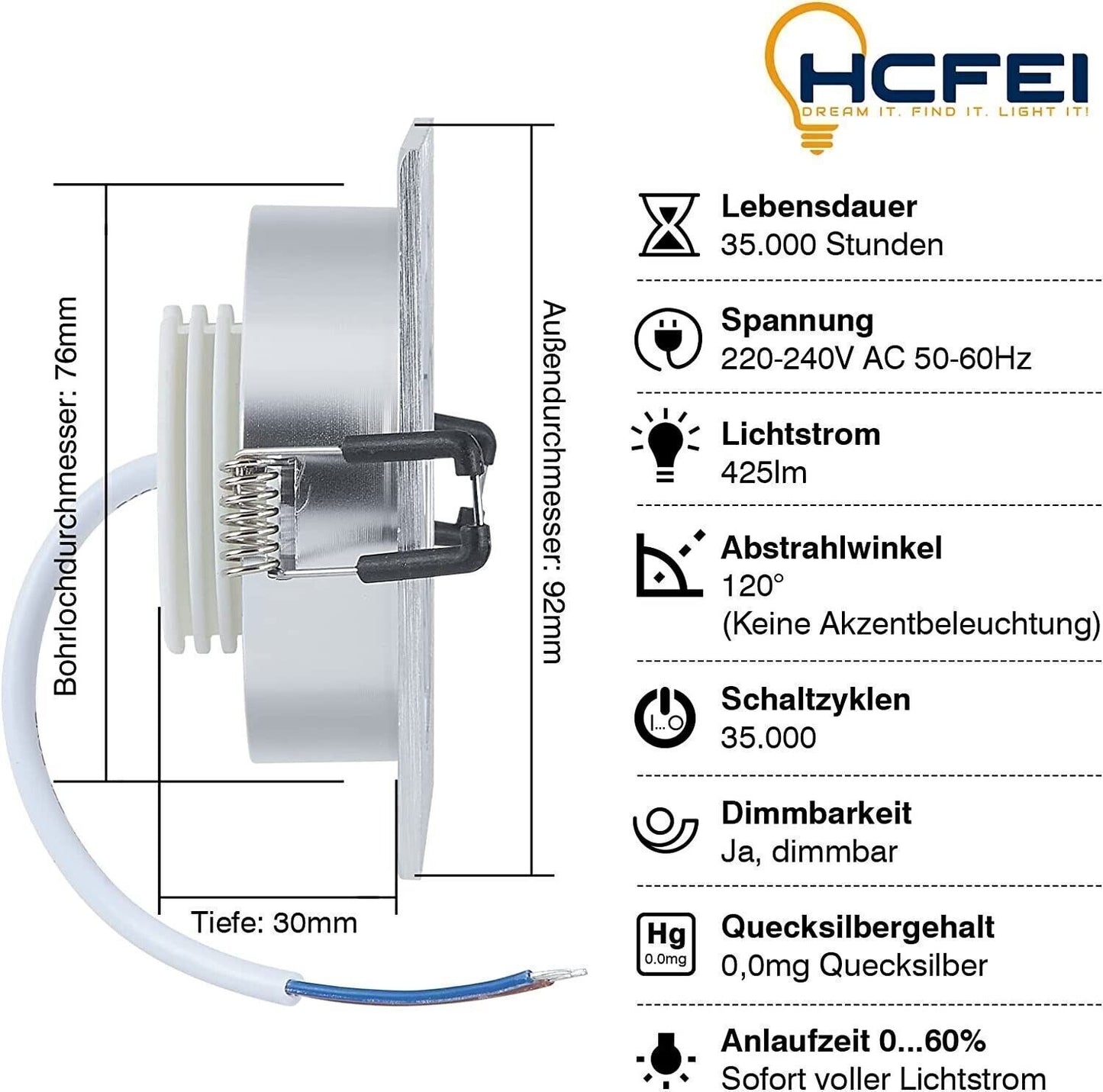 HCFEI Faretti LED da Incasso Dimmerabile 3000K - Set di 6 Faretti a Luce Led
