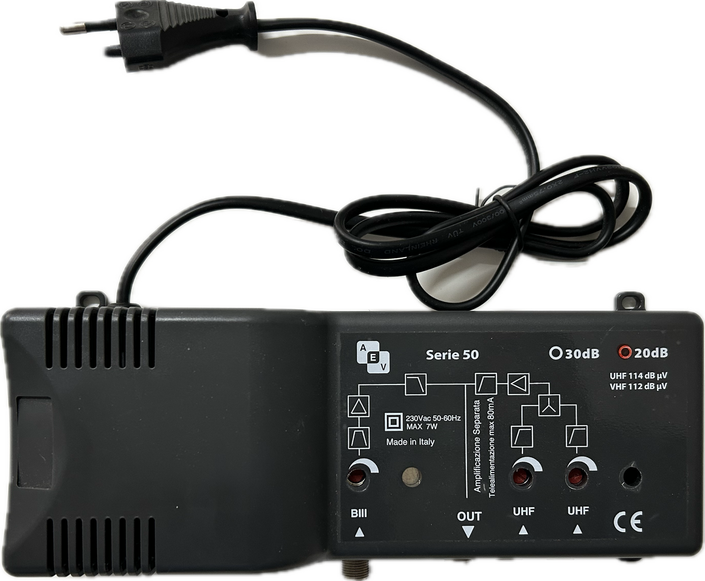 AEV centralina antenna tv autoalimentata 20 db digitale terrestre uhf e vhf