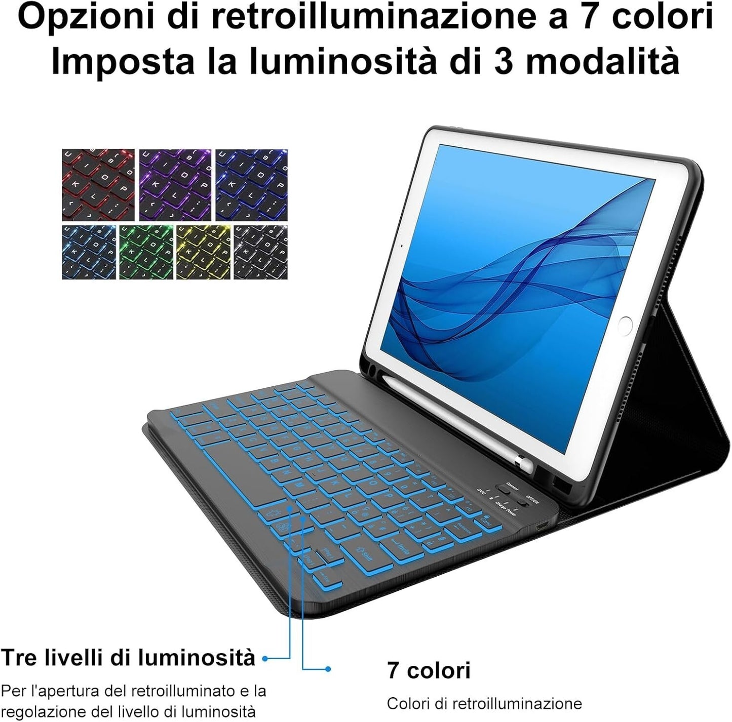 Cover e Tastiera per iPad 9a/8a/7a Generazione, per iPad 10.2" Retroilluminata