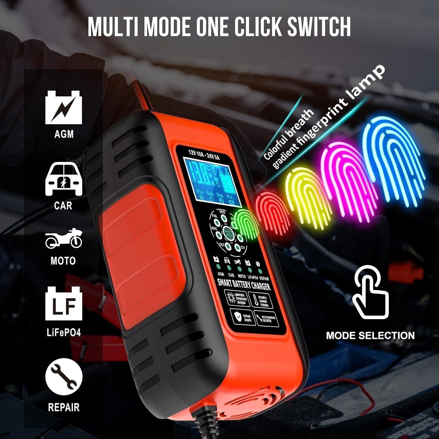 Caricabatteria 10A da Auto, 12V / 24V 10A Multi Protezioni Moto Auto Barca Husgw
