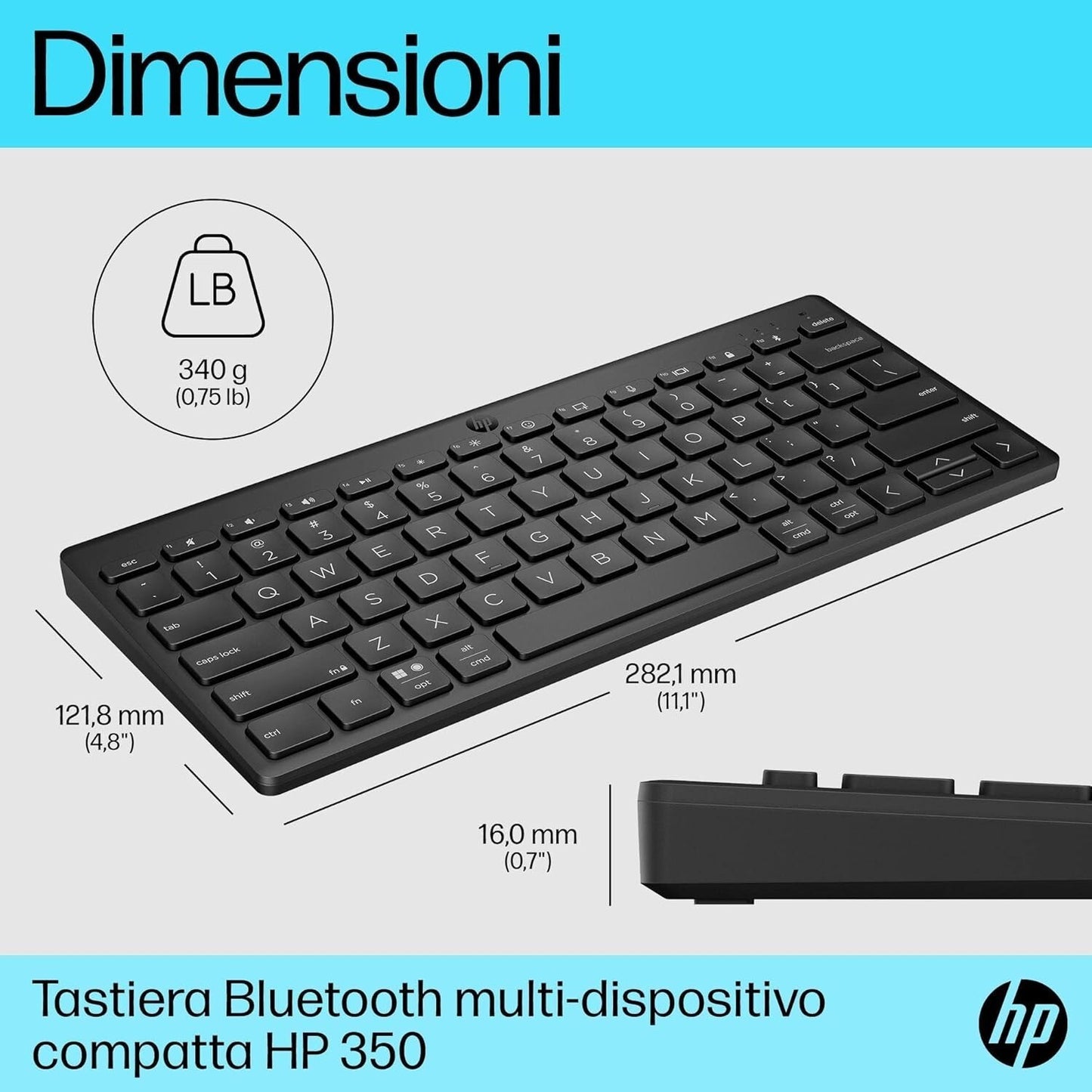HP 350 Tastiera Wireless e Bluetooth 5.2, Connessione Multi-dispositivo, Qwerty