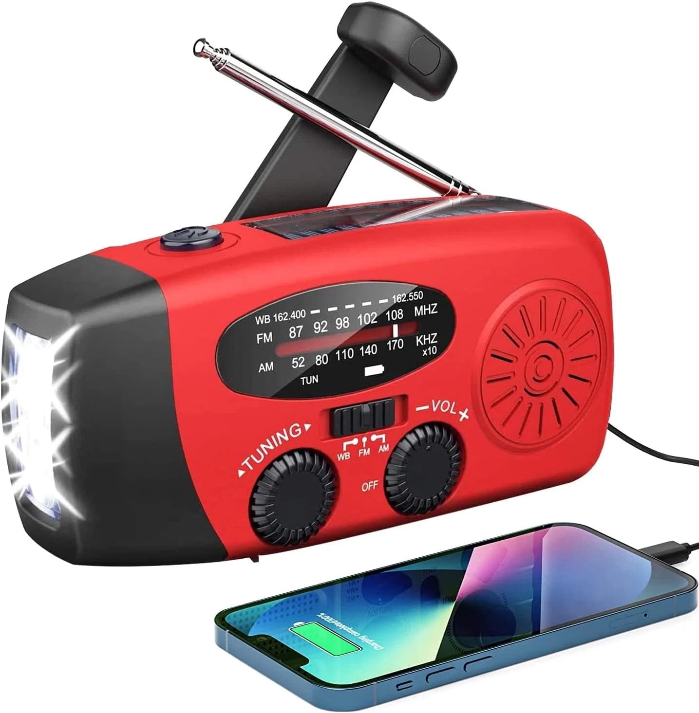 Radio Solare Wind Up, Radio Meteo Portatile AM/FM/WB Con Torcia LED E Batteria