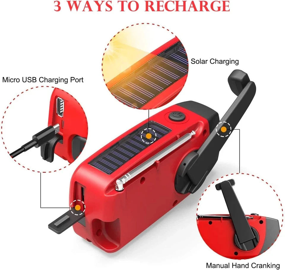 Radio Solare Wind Up, Radio Meteo Portatile AM/FM/WB Con Torcia LED E Batteria