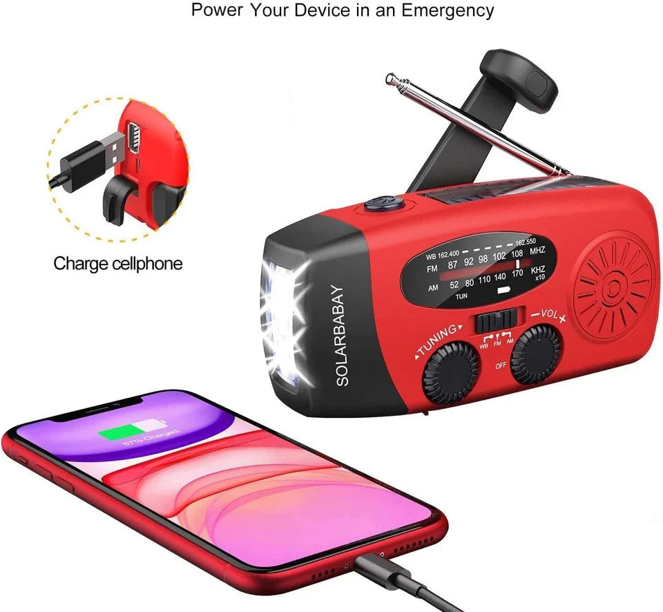 Radio Solare Wind Up, Radio Meteo Portatile AM/FM/WB Con Torcia LED E Batteria