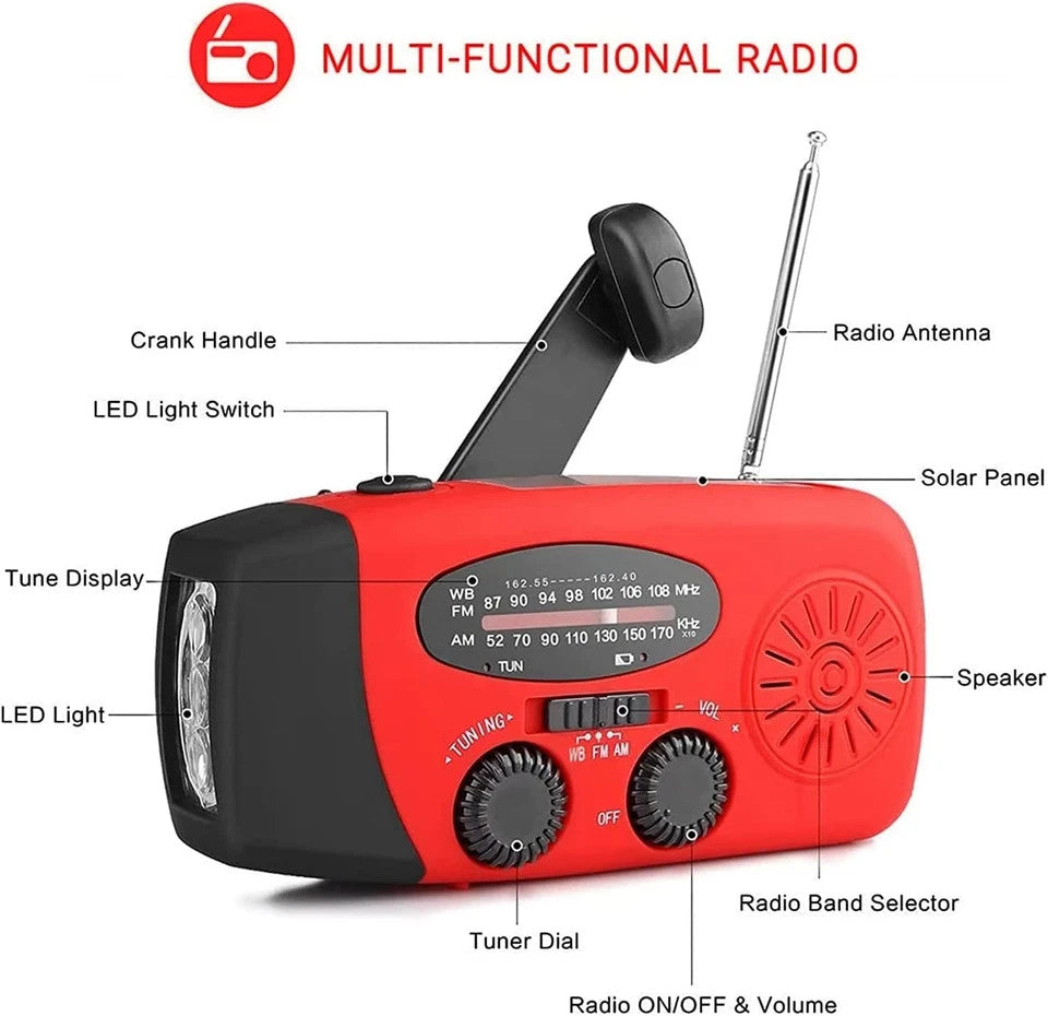 Radio Solare Wind Up, Radio Meteo Portatile AM/FM/WB Con Torcia LED E Batteria